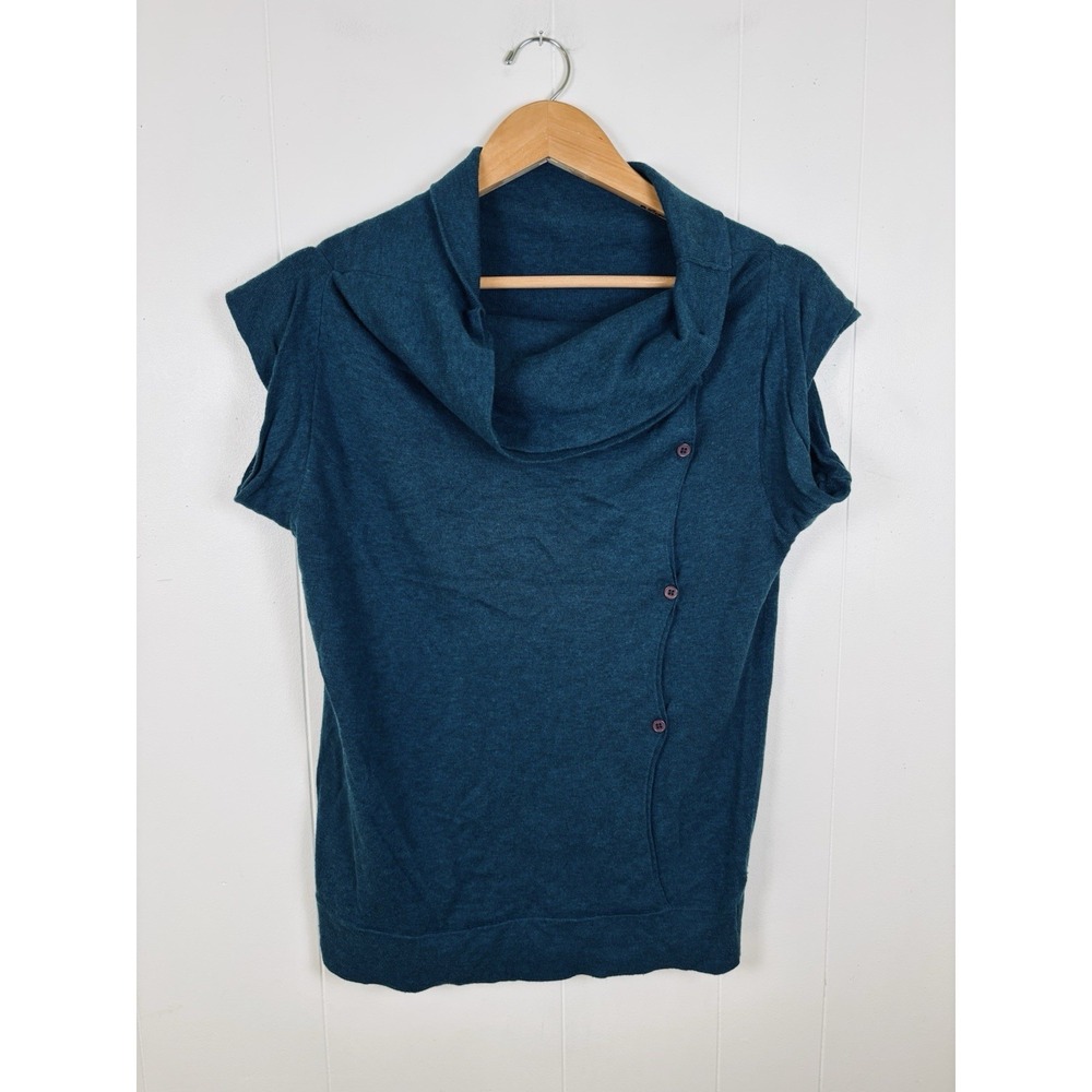 Topshop Women's Sz 8 Teal Blue Wool Blend Short Sleeve Sweater Button Cowlneck